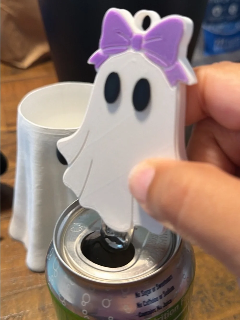 Ghost Can Koozie with Witch Hat and can opener.